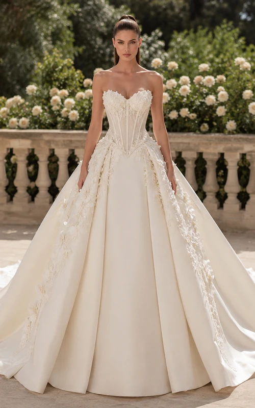 Robe de bal bustier en dentelle luxueuse avec traîne cathédrale, robe de mariée princesse