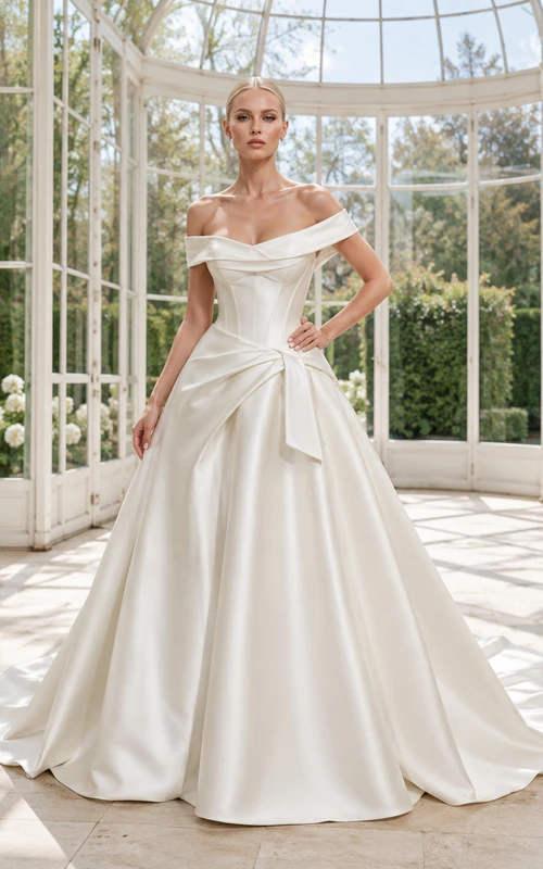 Robe de bal élégante en satin, épaules dénudées, manches courtes, traîne chapelle, drapée, idéale pour une cérémonie de mariage.