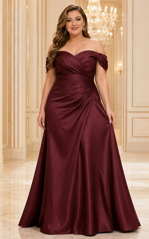 Burgundy Luxury Draped Satin Off-Shoulder A-Line Formal Evening Gown