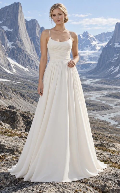 Schlichtes Brautkleid aus Crêpe mit Rundhalsausschnitt, feinen Trägern und gerafftem A-Linien-Oberteil