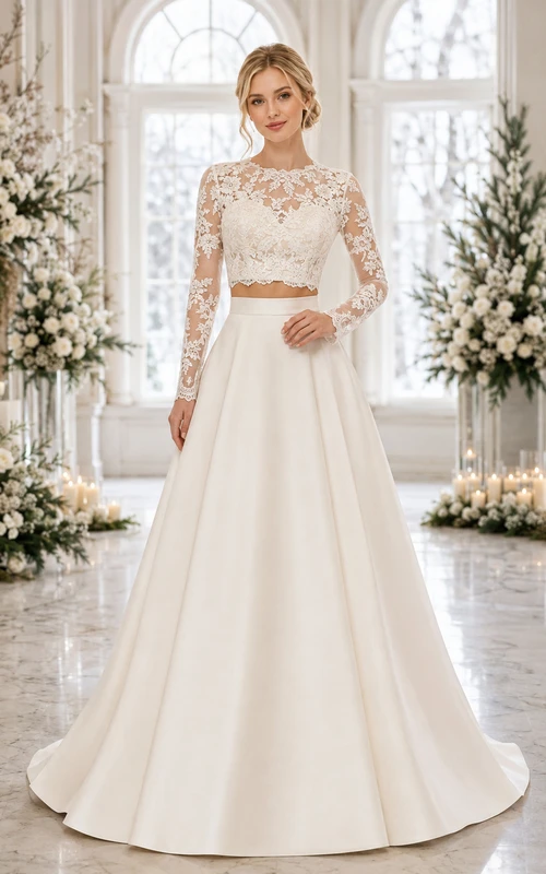High Neck Long Sleeve Lace Top Satin Winter Bridal Set
