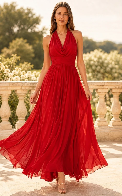 Red Halter Neck Sleeveless Chiffon Floor-Length A-Line Dress