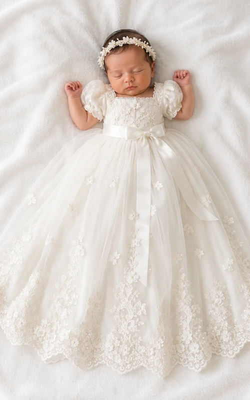 Robe de baptême pour bébé, coupe trapèze, manches bouffantes, tulle et dentelle, longueur au sol, avec ceinture à nœud, couleur ivoire