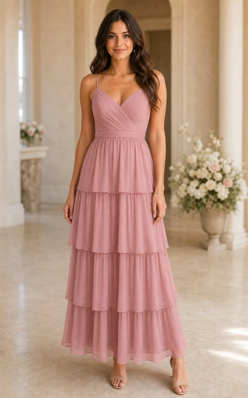 Dusty Rose Spaghetti Strap Tiered Chiffon A-Line Dress
