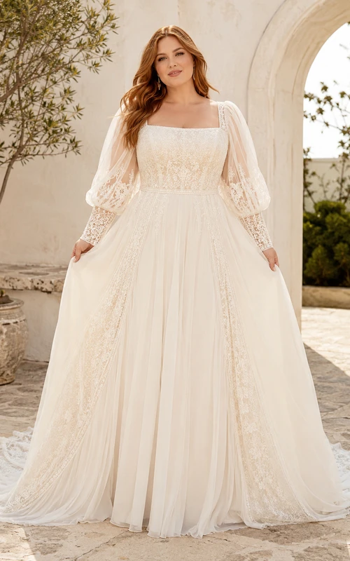 Plus Size Square Neck Long Sleeve Tulle A-Line Wedding Dress