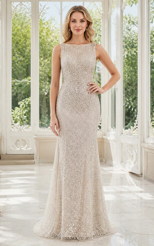 Vestido de novia sencillo de encaje sin mangas con escote barco y largo hasta el suelo