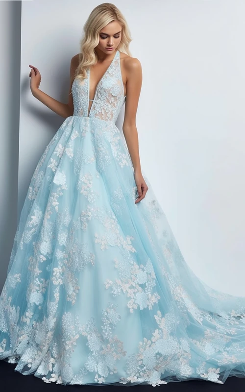 Ärmelloses, himmelblaues A-Linien-Ballkleid mit tiefem Ausschnitt und Spitzenapplikationen