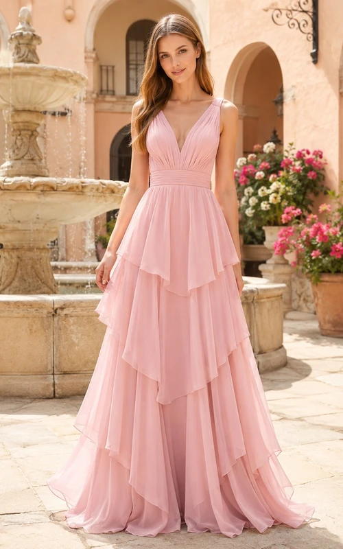 Blush V Neck Cascading Ruffle Chiffon Prom Gown