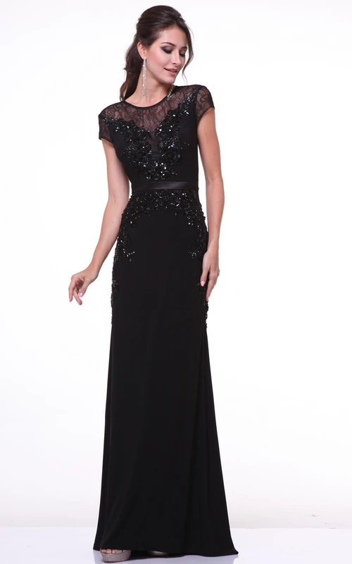 Sheath Scoop-Neck Short Sleeve Chiffon Dress With Beading And Lace