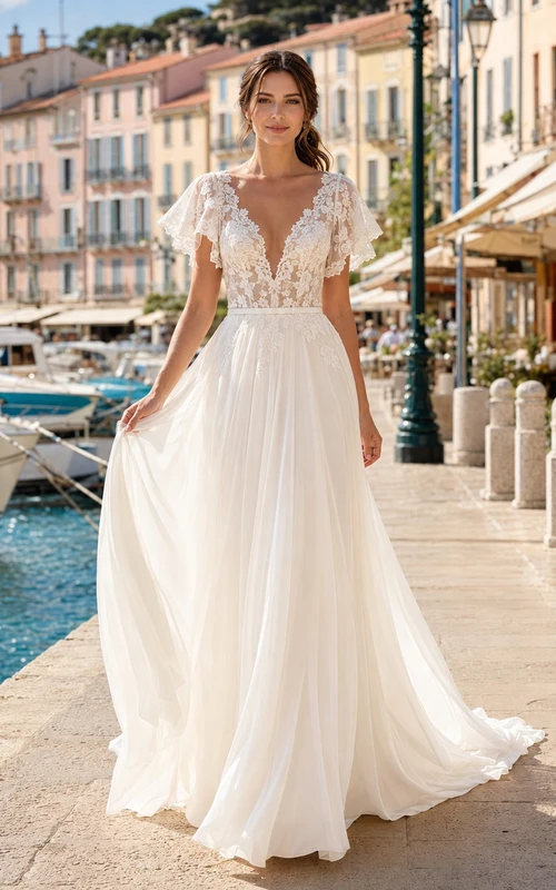Vestido de novia romántico de gasa con escote en V profundo, mangas con volantes en forma de pétalo y corte en A para una boda en la playa.