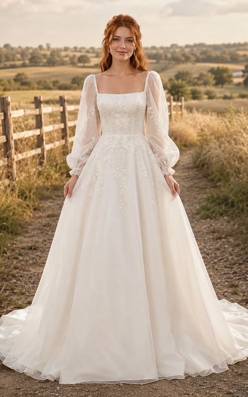 Brautkleid aus Chiffon im Landhausstil, A-Linie, eckiger Ausschnitt, Puffärmel, bodenlang, tiefer V-Ausschnitt am Rücken