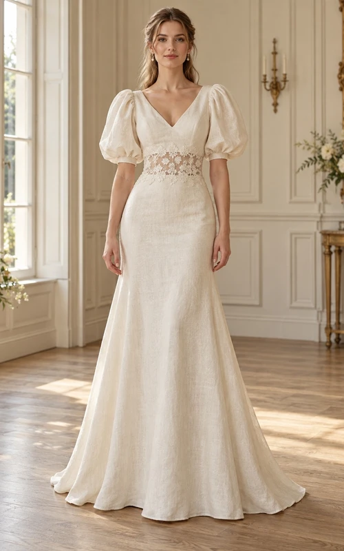 Meerjungfrauen-Brautkleid aus Leinen mit V-Ausschnitt, Puffärmeln und Spitzenbesatz an der Taille