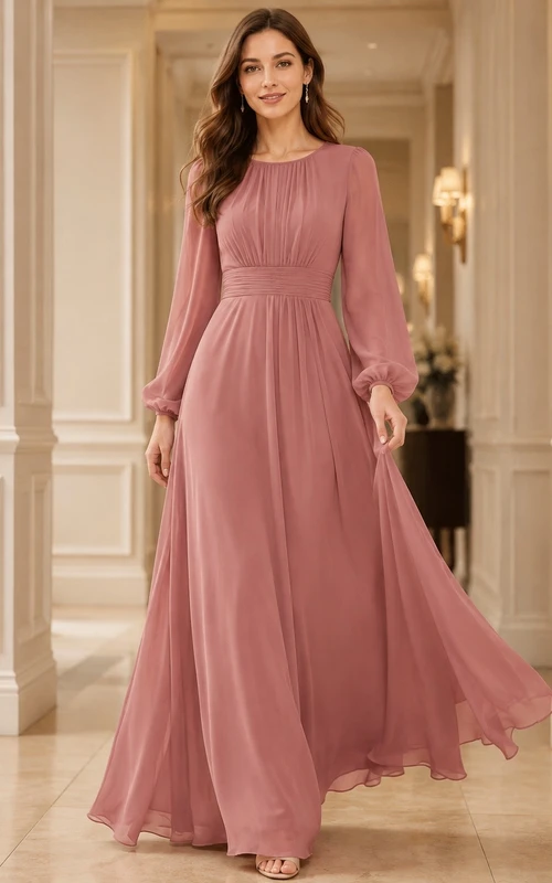 Dusty Rose Chiffon V-Neck Poet Sleeve A-Line Evening Gown