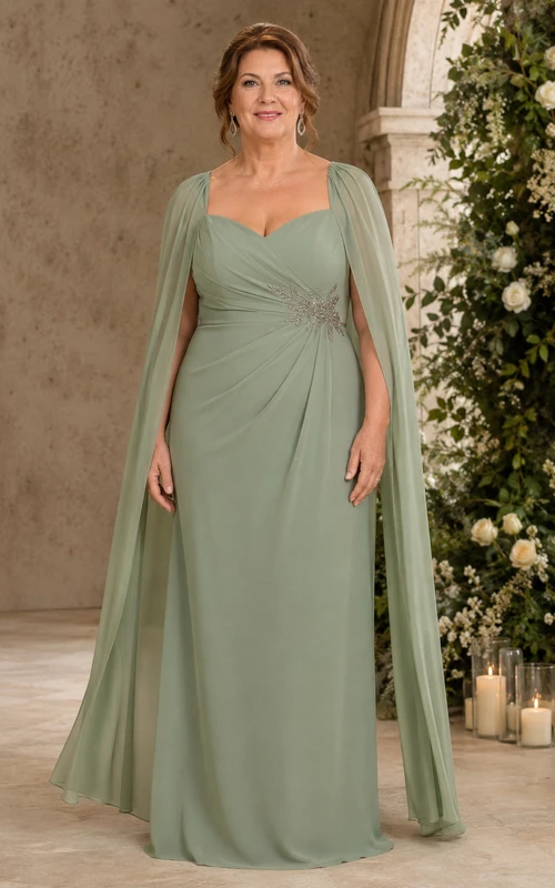 Vestido de talla grande color verde salvia con escote corazón y mangas tipo capa