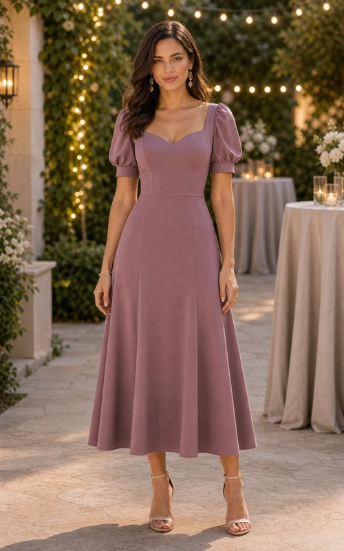 Vintage-Kleid in Mauve mit eckigem Ausschnitt, Puffärmeln und Teelänge in A-Linie
