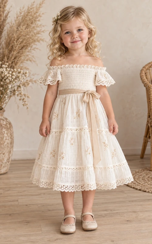 Boho-Kleid in Teelänge, elfenbeinfarben, A-Linie, mit Spitzenbesatz, schulterfrei, gestuft, für Blumenmädchen