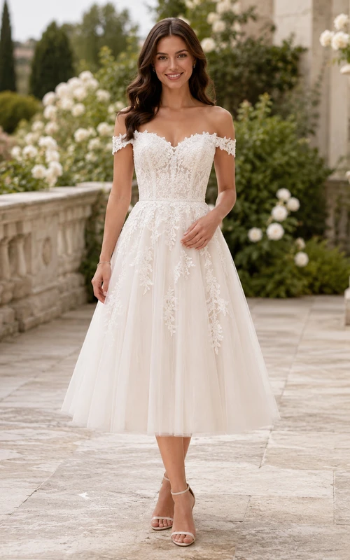 Vintage Lace Tulle Wedding Dress A-Line Off Shoulder Tea Length Bridal Gown