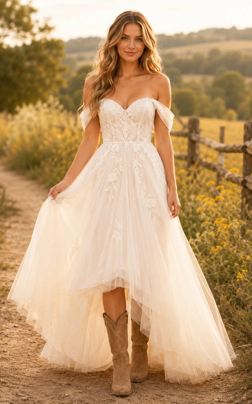 Robe de mariée de maternité à fines bretelles, corsage en dentelle, coupe trapèze, style champêtre, avec traîne