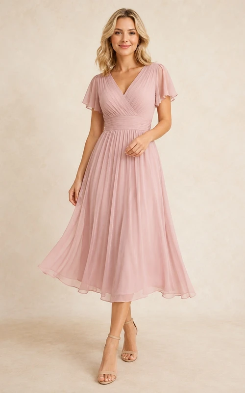 Teelanges, romantisches Chiffon-Kleid in A-Linie mit V-Ausschnitt, kurzen Ärmeln und in A-Linie – ein formelles Abendkleid