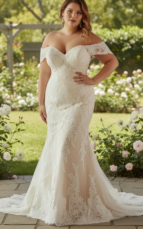 Vestido de novia de sirena con escote corazón y hombros descubiertos de encaje, talla grande