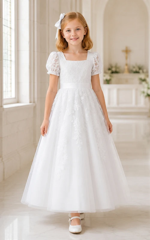 Weißes Kommunionsballkleid mit eckigem Ausschnitt, Puffärmeln und floraler Spitze