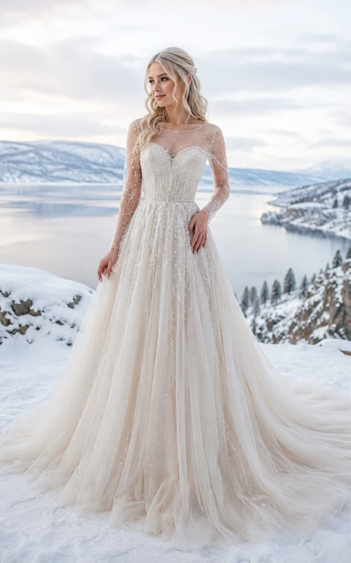 Vestido de novia de invierno estilo bohemio con tirantes, sin mangas, de tul y cola larga.