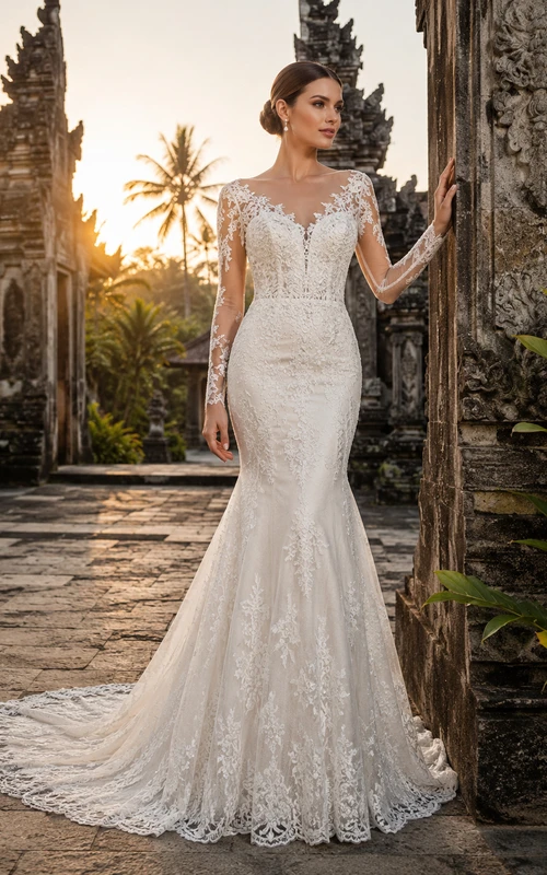 Robe de mariée sirène en dentelle à manches longues et col en V, style romantique, avec traîne chapelle et effet trompe-l'œil.