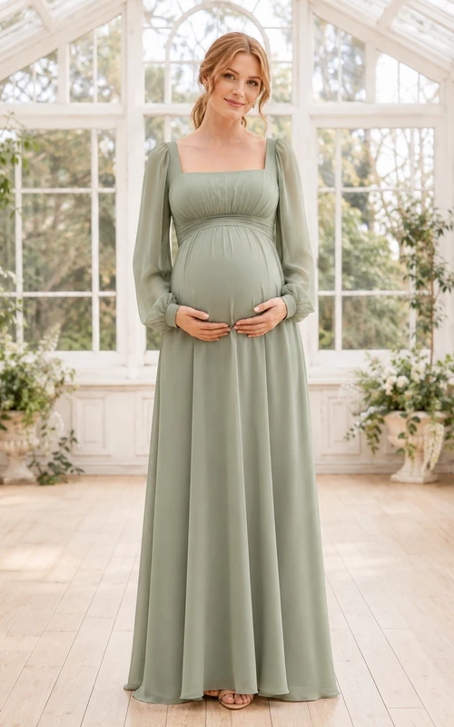 Sage Green Scoop Neck Long Sleeve Empire Maternity A-Line Maxi Dress
