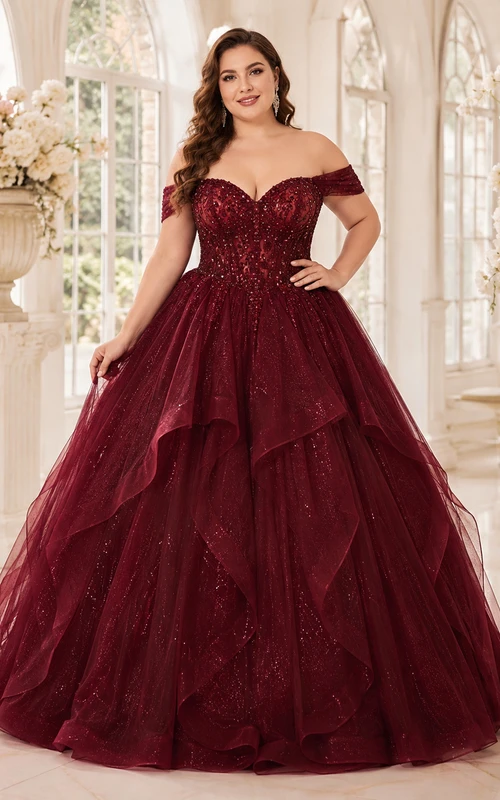 Vestido de fiesta formal de princesa para quinceañera, talla grande, color borgoña, con hombros descubiertos y volantes, con lentejuelas.