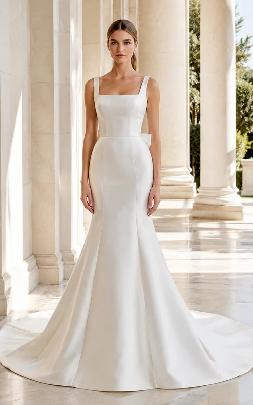 Robe de mariée sirène élégante en satin, col carré, sans manches, traîne courte et dos nu, avec encolure carrée et nœud.