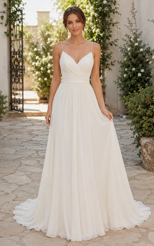 Minimalist Chiffon Wedding Dress A-Line Spaghetti Strap Sweep Train Bridal Gown