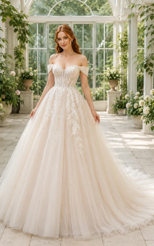 Robe de mariée de bal à épaules dénudées avec application et traîne en tulle
