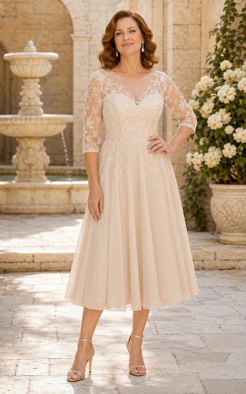 Vestido de novia modesto de gasa de encaje, largo hasta la rodilla, estilo barco, tres cuartos, color champán.