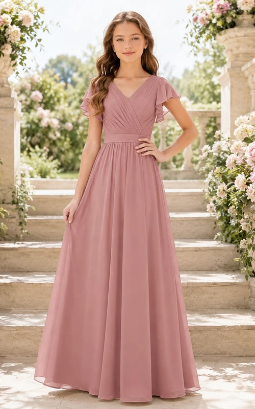 Elegantes Brautjungfernkleid in Altrosa, A-Linie, V-Ausschnitt, kurze Ärmel, plissiert