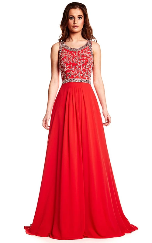 Robe de bal longue en mousseline de soie, coupe trapèze, sans manches, ornée de perles et fermeture éclair au dos.