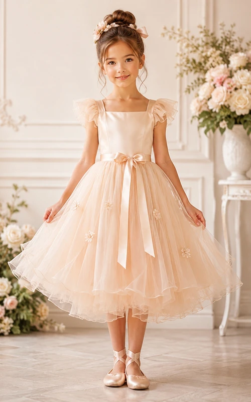 A-line Tea-length Cap Sleeve Tulle Flower Girl Dress with Champagne cap sleeves with a soft tulle bow waist