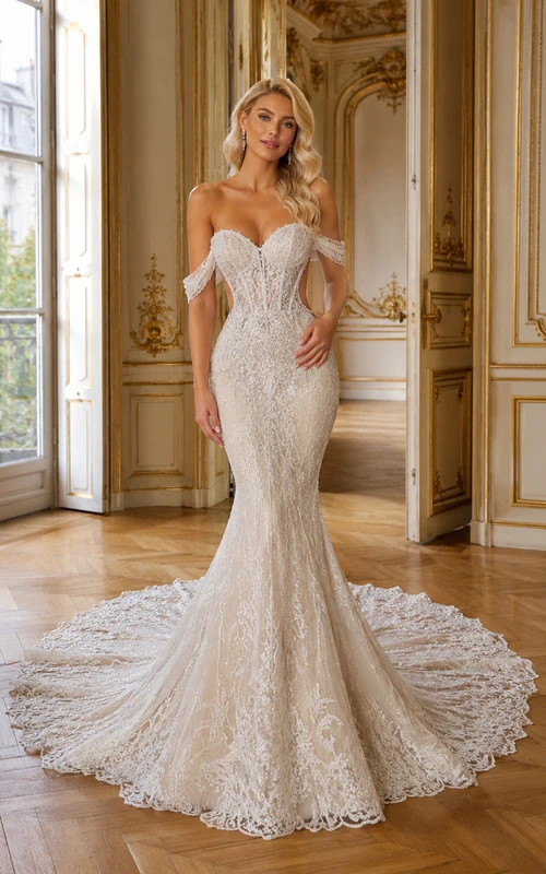 Robe de mariée sirène en dentelle noble, décolleté cœur, manches courtes, traîne chapelle, ornée d'appliques, style jardin.