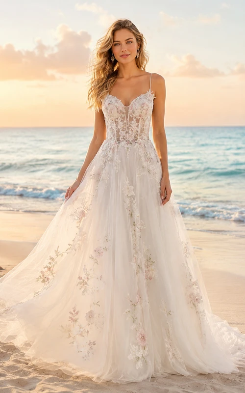 Pastellfarbenes Brautkleid aus Tüll mit Spaghettiträgern und Blumenmuster in A-Linie