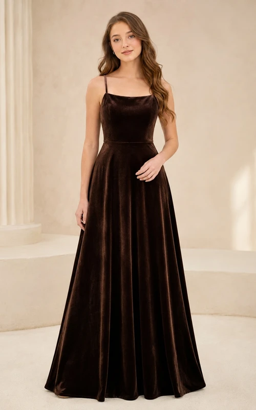 Schokoladenbraunes Brautjungfernkleid, A-Linie, Spaghettiträger, ärmellos, Samt, Schleife, elegant