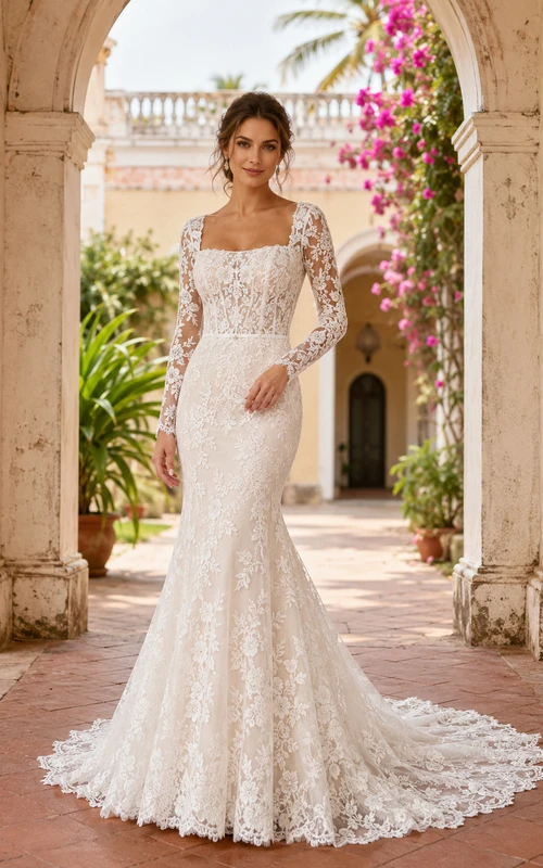 Robe de mariée sirène romantique à col carré, manches longues et dentelle intégrale, dos nu et traîne chapelle