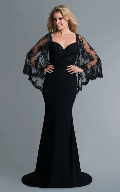 Robe fourreau longue en jersey à dos nu en V profond avec dentelle et cape