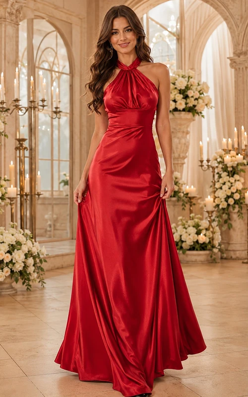 Rotes Neckholder-Satin-Kleid in A-Linie für Jubiläumsfotos