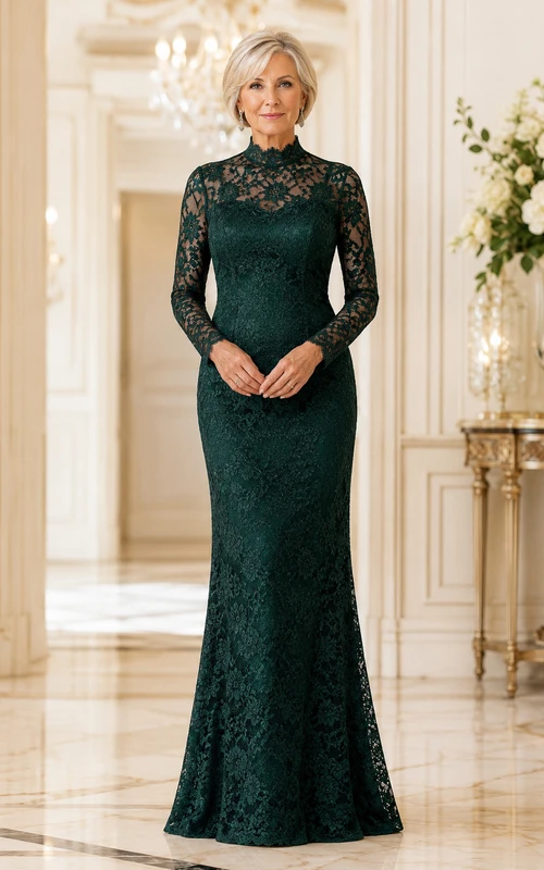 Dark Green High Neck Lace Mermaid Mother Dress with Long Sleeves