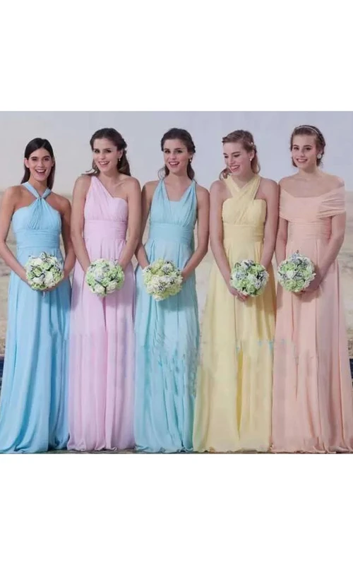 A-Linien-Brautjungfernkleid aus Chiffon, ärmellos, bodenlang und mit Falten, Neckholder