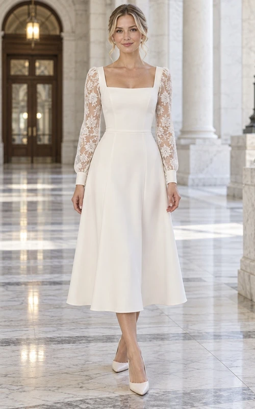 Robe de mariée simple à col carré, longueur thé, manches longues en dentelle, idéale pour une cérémonie civile