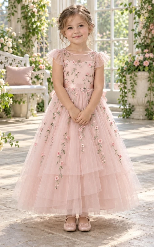 Teelanges, zartrosa geblümtes Sommerkleid in A-Linie aus Tüll mit Puffärmeln und Stufenrock für Blumenmädchen