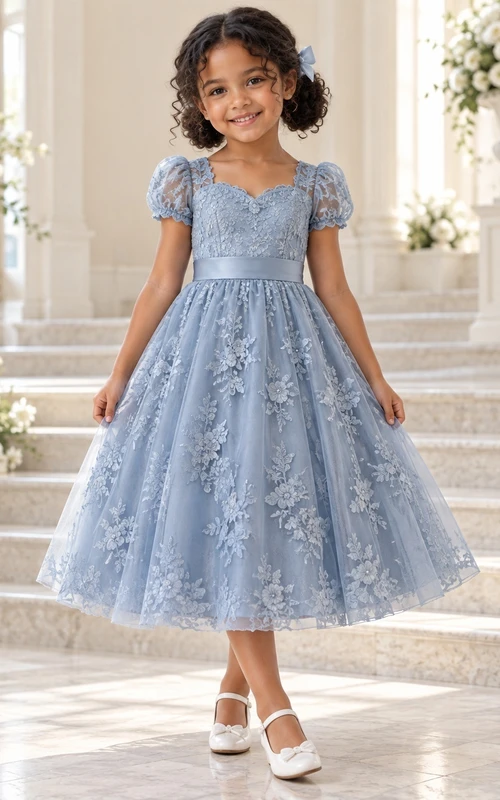 Vestido de niña de flores azul con estampado floral, corte en A, mangas abullonadas y lazo en la espalda, hasta la rodilla.
