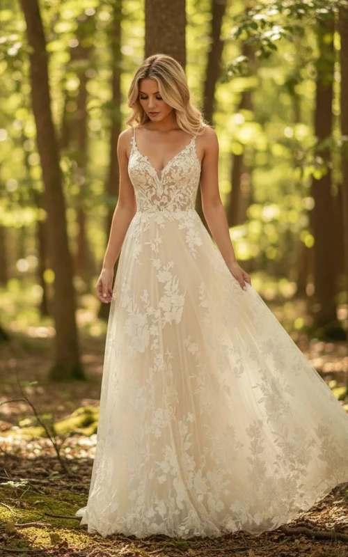 Robe de mariée bohème en dentelle florale, coupe trapèze, bretelles spaghetti et décolleté en V