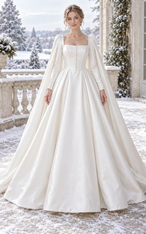 Vestido de novia sencillo de satén con cuello cuadrado, manga larga y botones, estilo princesa de invierno.