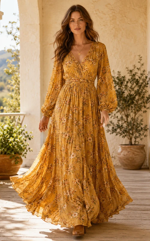 Vestido de gasa bohemio largo hasta el suelo con escote en V y manga larga, color Golden Prairie Daffodil.